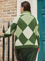 Plus Argyle Pattern Turtleneck Drop Shoulder Sweater