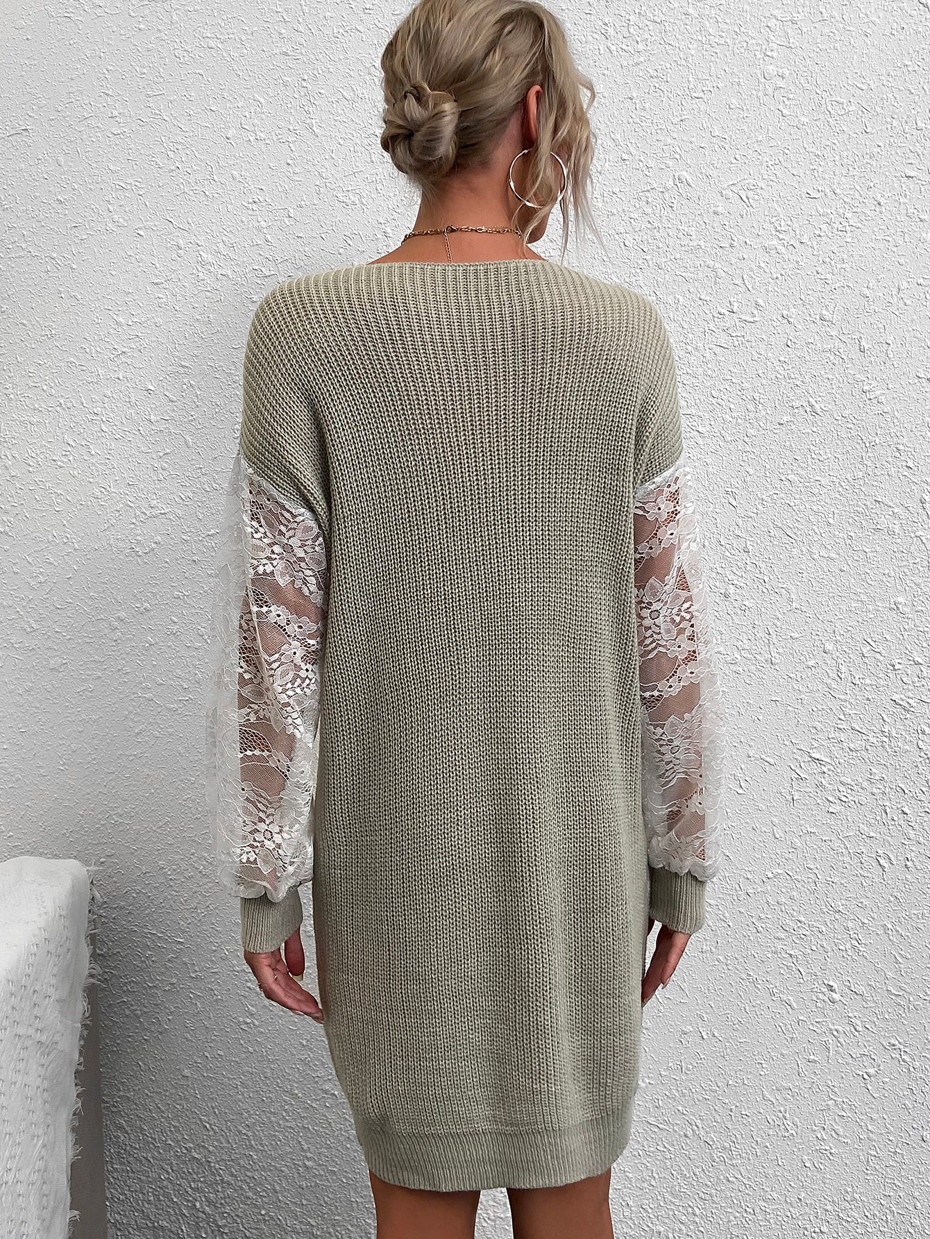 Lace Panel Drop Shoulder Sweater Dress Without Belt