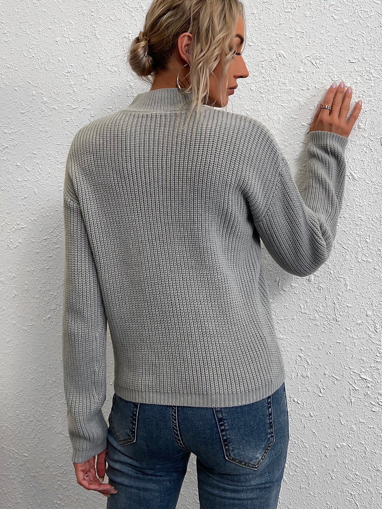 Mock Neck Cut Out Drop Shoulder Sweater