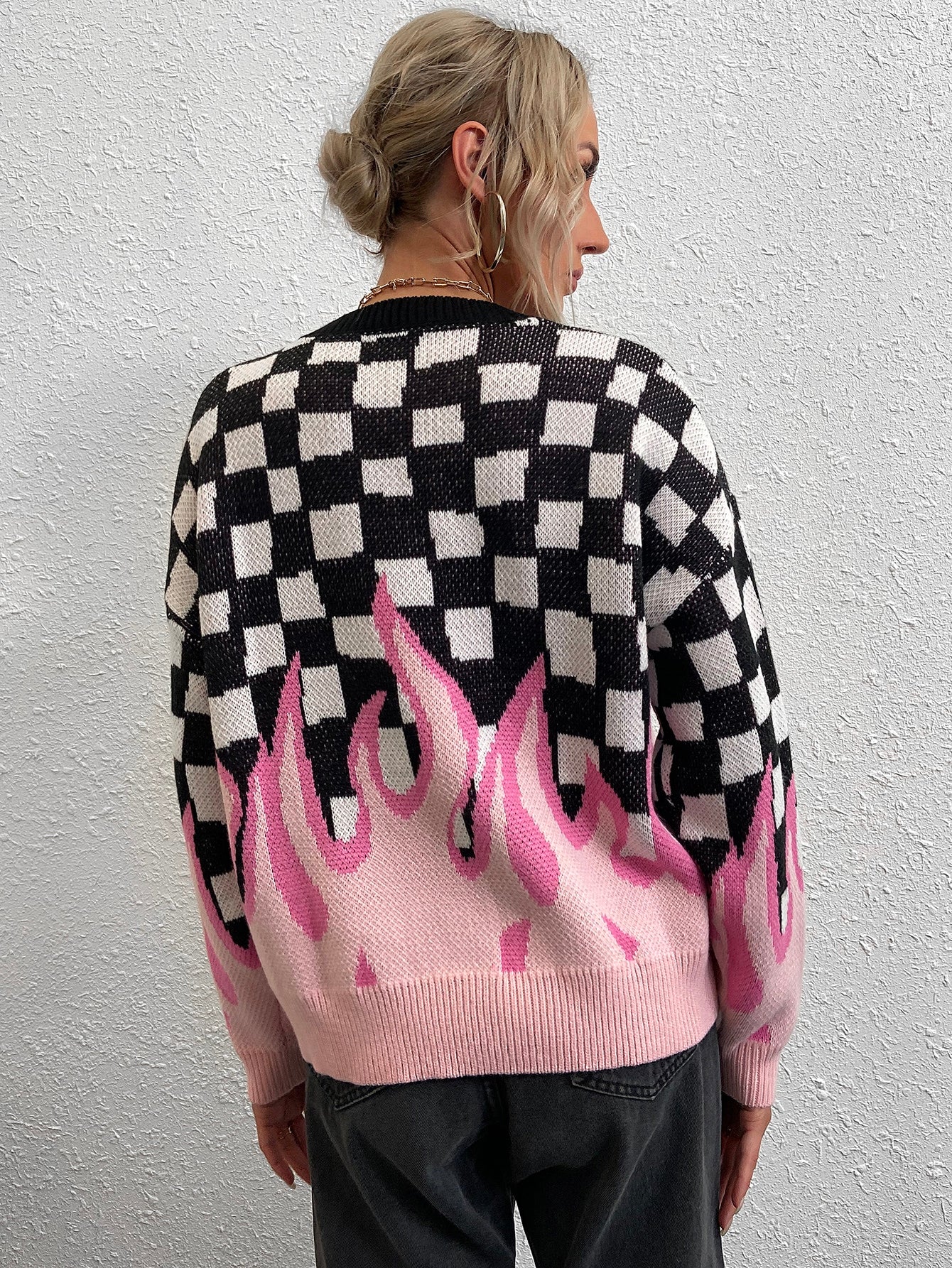 Checker & Fire Pattern Drop Shoulder Sweater