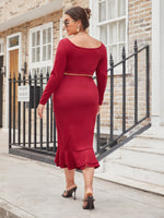 Plus Single Breasted Crop Top & High Waist Layered Ruffle Hem Skirt