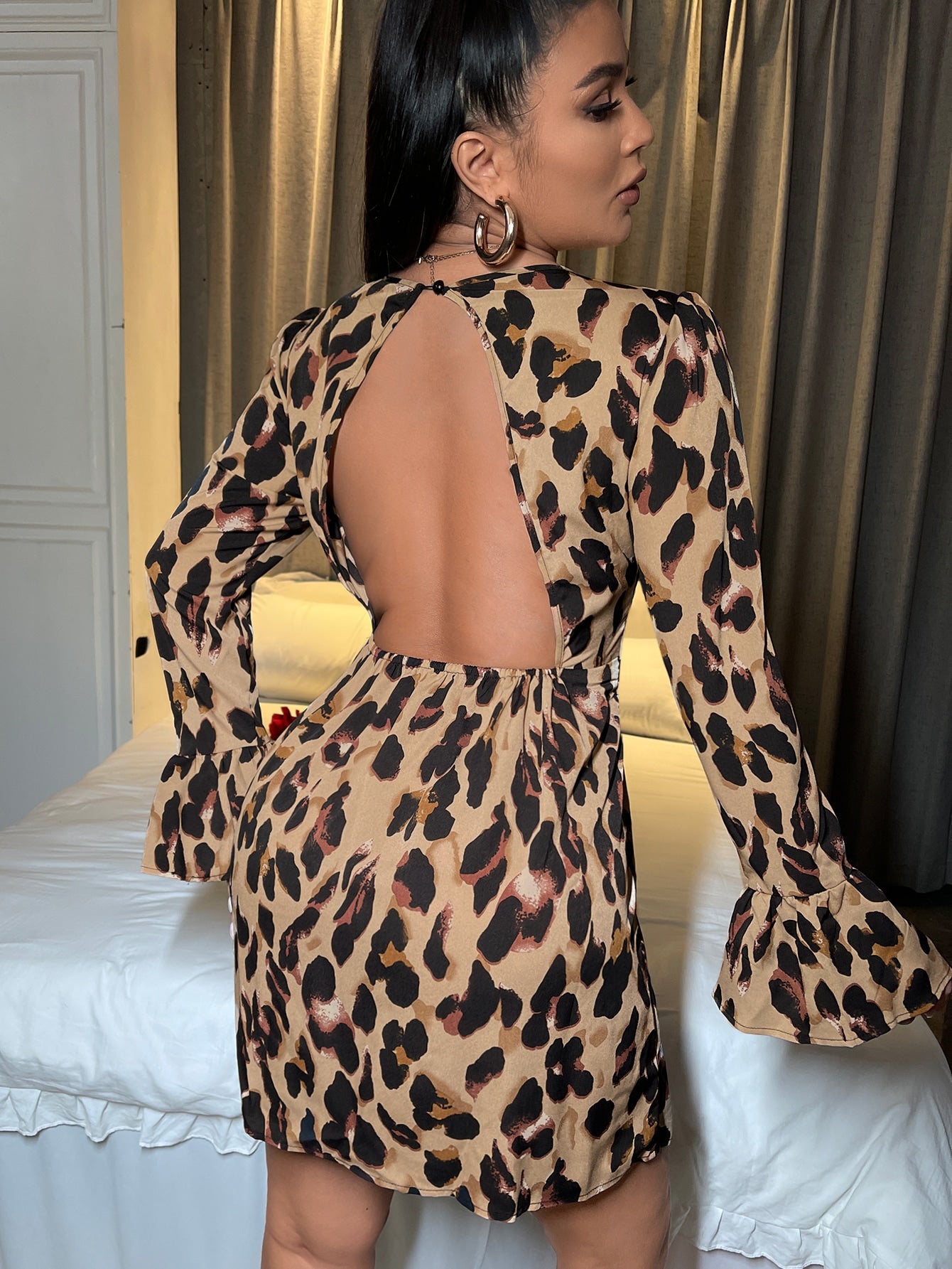 Allover Print Cut Out Tie Back Flounce Sleeve Plunge Neck Dress