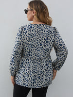 Plus Leopard Print Lantern Sleeve Peplum Hem Blouse