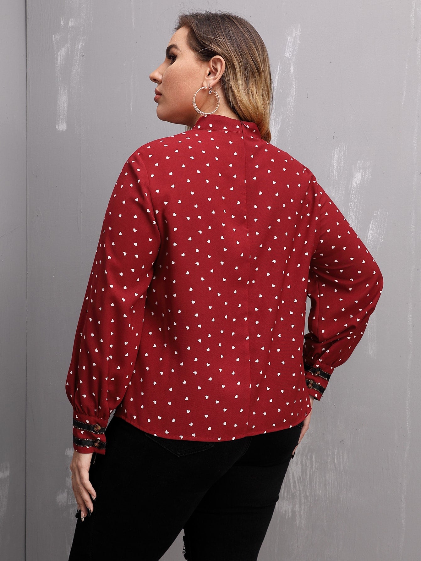 Plus Confetti Heart Print Frilled Fake Button Blouse