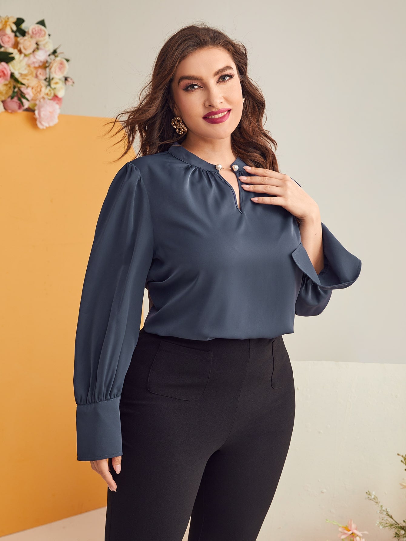 Plus Keyhole Neck Button Detail Split Cuff Top