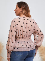 Plus Heart Print Shirred Lantern Sleeve Layered Hem Blouse