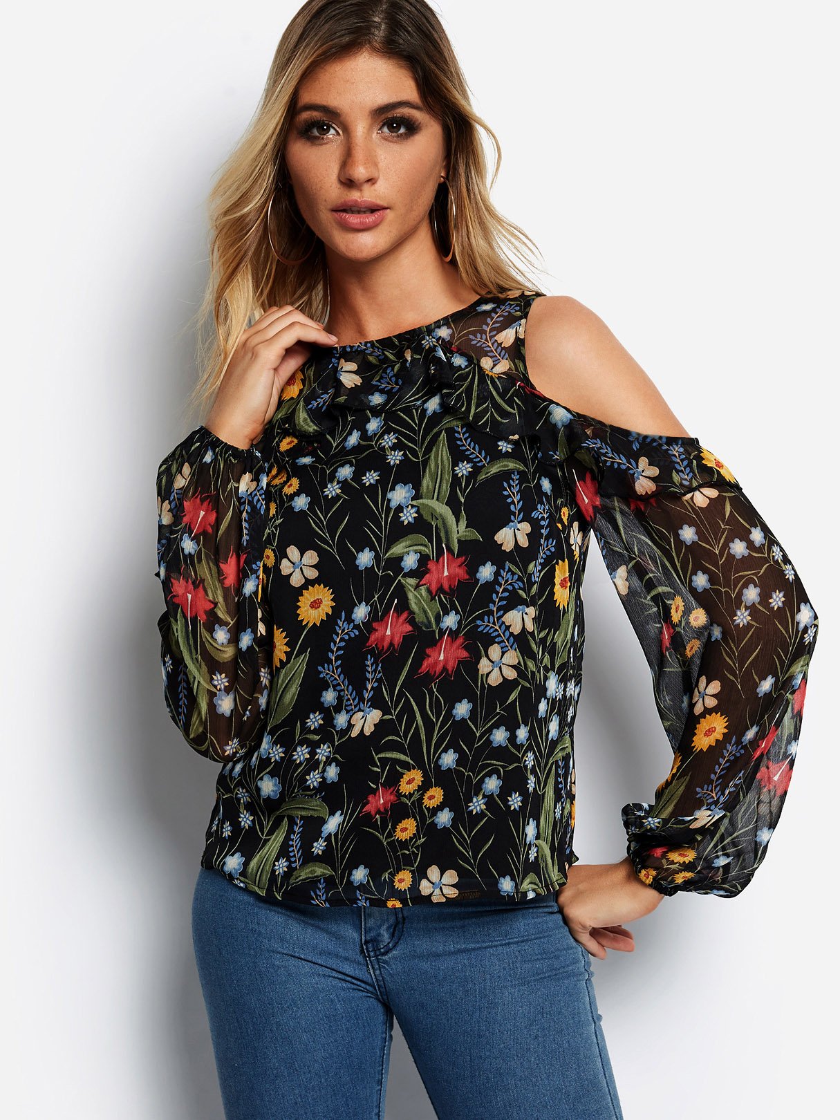 Wholesale Cold Shoulder Floral Print Cut Out Long Sleeve Flounced Hem Black Blouses