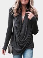 Wholesale Deep V Neck Plain Pleated Long Sleeve Slit Hem Grey T-Shirts
