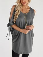 Wholesale Round Neck Cold Shoulder Plain Lace-Up Cut Out Half Sleeve Curved Hem Grey T-Shirts