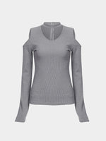 Wholesale Cold Shoulder Zip Back Long Sleeve Grey T-Shirts