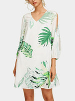 Wholesale White V-Neck Cold Shoulder 3/4 Length Sleeve Printed Dresses