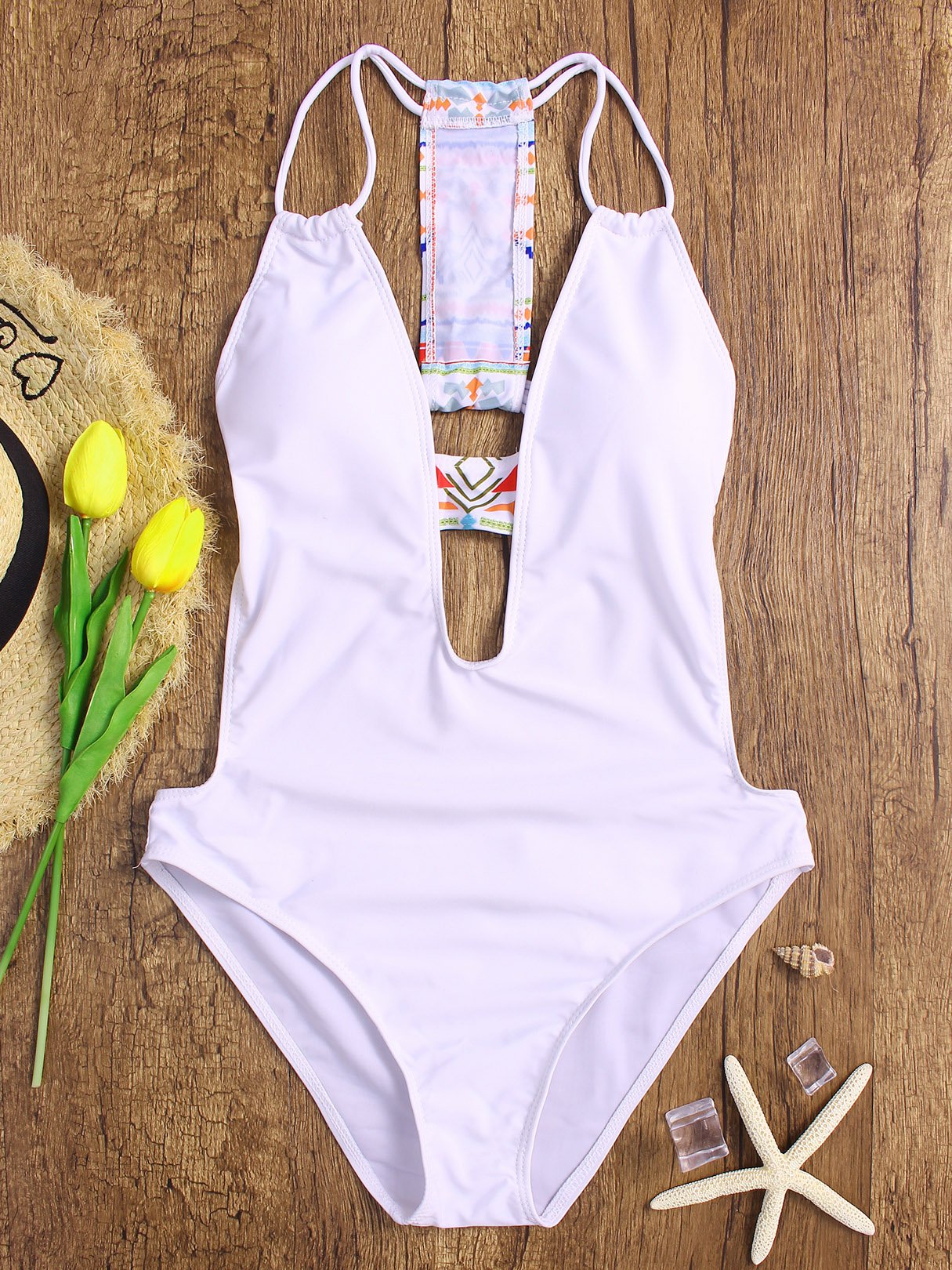 Wholesale White Deep V Neck Backless One-Pieces