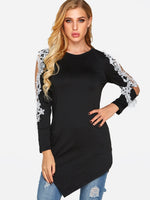 Wholesale Round Neck Cold Shoulder Plain Lace Long Sleeve Irregular Hem Black T-Shirts