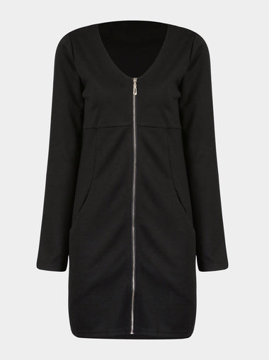 Wholesale V-Neck Zip Back Side Pockets Long Sleeve Black Dresses
