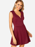 Wholesale V-Neck Sleeveless Zip Back Backless Hollow Cut Out Ruffle Hem High-Waisted Dresses