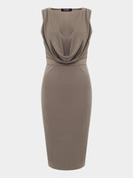 Wholesale Khaki V-Neck Drape Sagging Sleeveless Plain Pleated Midi Dress