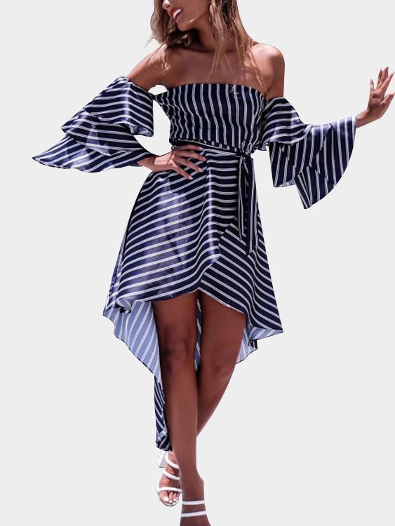 Wholesale Navy Off The Shoulder Long Sleeve Tiered Zip Back Pleated Slit Hem Dresses