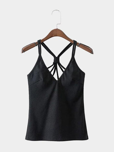 Wholesale Plunging Neck Ribbed Strappy Sleeveless Black Camis