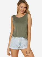 Wholesale Crew Neck Plain Backless Pleated Sleeveless Army Green Camis