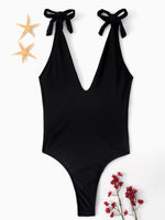 Wholesale Black Deep V-Neck Sleeveless Plain Backless Lace-Up Bikinis