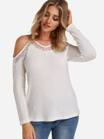 Wholesale V-Neck Cold Shoulder Plain Lace Long Sleeve White T-Shirts