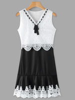 Wholesale White V-Neck Sleeveless Crochet Lace Embellished Stitching Hem Mini Dresses
