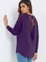 Wholesale Scoop Neck Plain Lace Long Sleeve Purple T-Shirts