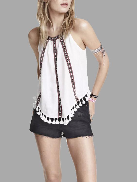 Wholesale Halter Tassel Sleeveless Curved Hem White Camis