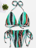 Wholesale Halter Sleeveless Stripe Self-Tie Bikini Suits