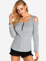 Wholesale V-Neck Cold Shoulder Zip Back Long Sleeve Grey T-Shirts