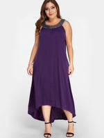 Wholesale Round Neck Plain Sequins Embellished Sleeveless Curved Hem Purple Plus Size Dresses