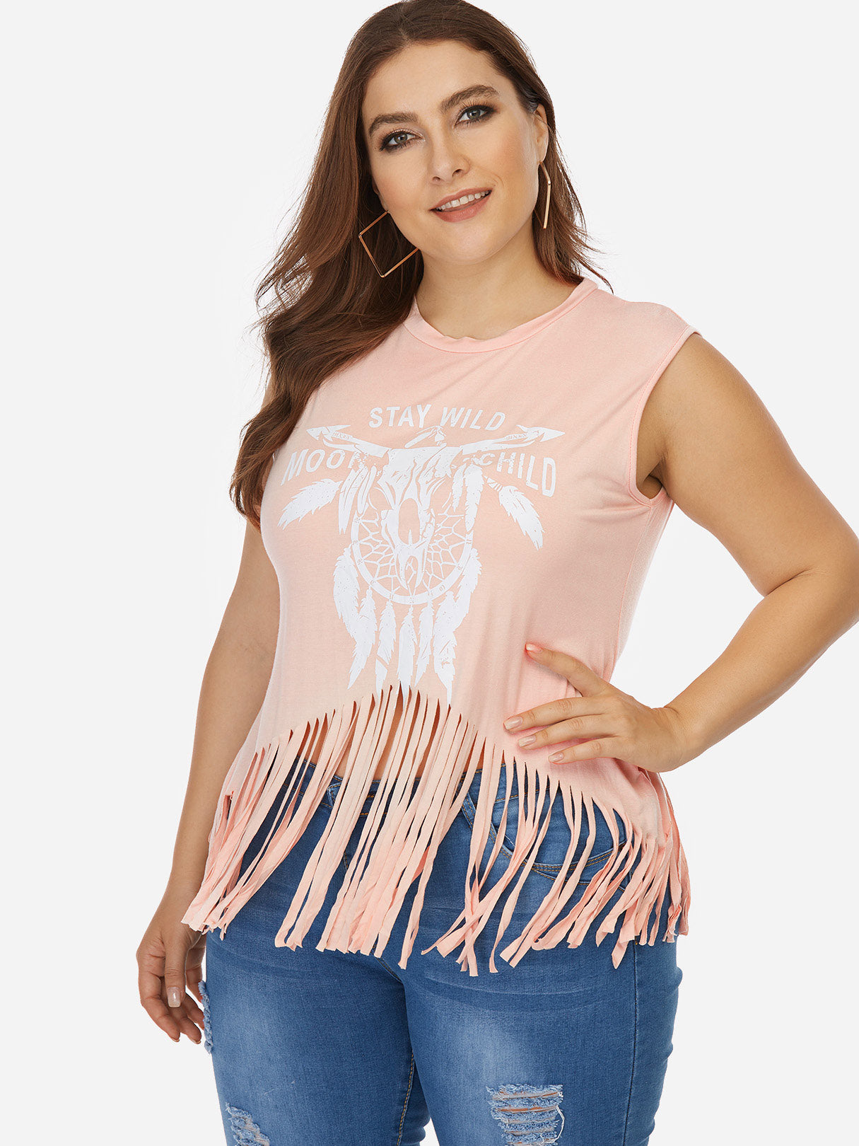 Wholesale Scoop Neck Printed Tassel Sleeveless Tassel Hem Pink Plus Size Tops