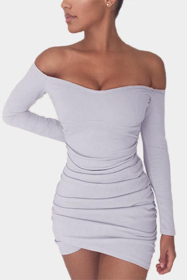 Wholesale Grey Off The Shoulder Long Sleeve Pleated Bodycon Dresses