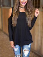 Wholesale Cold Shoulder Plain Long Sleeve Irregular Hem Black Top