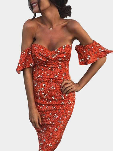 Wholesale Orange Off The Shoulder Short Sleeve Floral Print Zip Back Backless Slit Hem Dresses