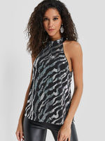 Wholesale Halter Zebra Sequins Embellished Sleeveless Camis
