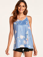 Wholesale V-Neck Floral Print Sleeveless Ruffle Hem Sky Blue Camis