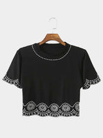 Wholesale Round Neck Lace Short Sleeve Black Fashion Tee