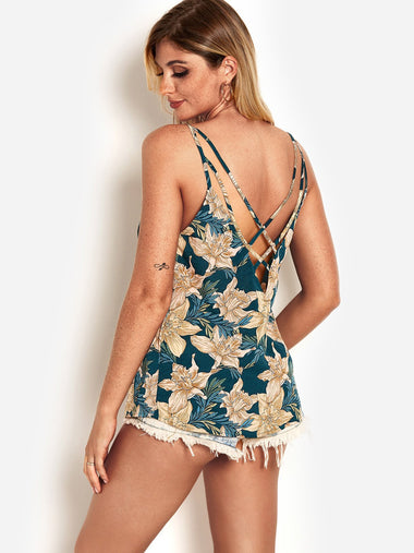 Wholesale V-Neck Floral Print Crossed Front Spaghetti Strap Criss-Cross Sleeveless Camis