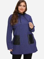 Wholesale Two Large Pockets Hooded Long Sleeve Blue Plus Size Tops