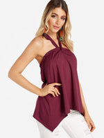 Wholesale Halter Plain Sleeveless Irregular Hem Burgundy Camis