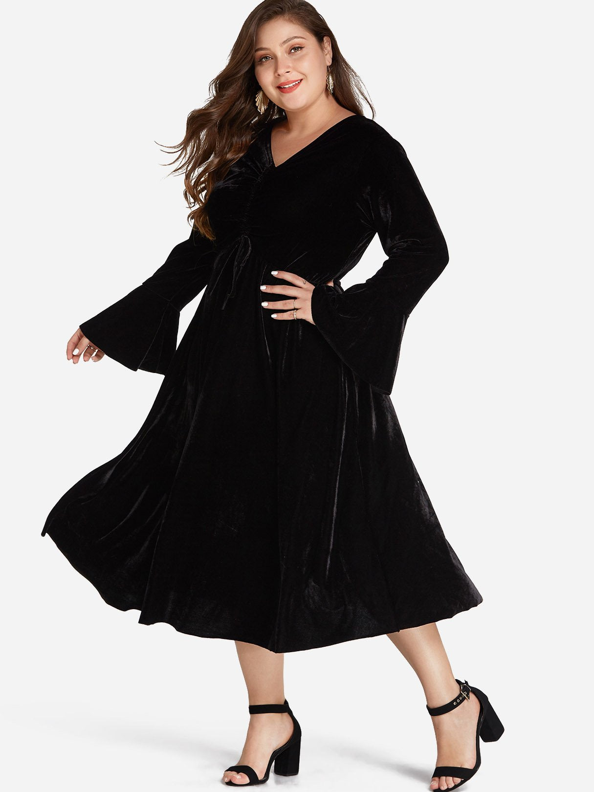 Wholesale V-Neck Plain Self-Tie Long Sleeve Black Plus Size Dress