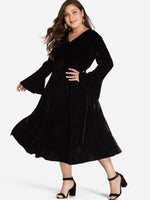 Wholesale V-Neck Plain Self-Tie Long Sleeve Black Plus Size Dress