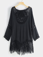 Wholesale Round Neck Long Sleeve Tiered Hollow Tassel Hem Beachwear