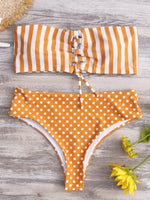 Wholesale Yellow Bateau Sleeveless Stripe Polka Dot Backless Lace-Up Bikini Suits