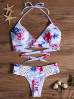 Wholesale White Halter Sleeveless Floral Print Crossed Front Backless Two Piece Bikinis