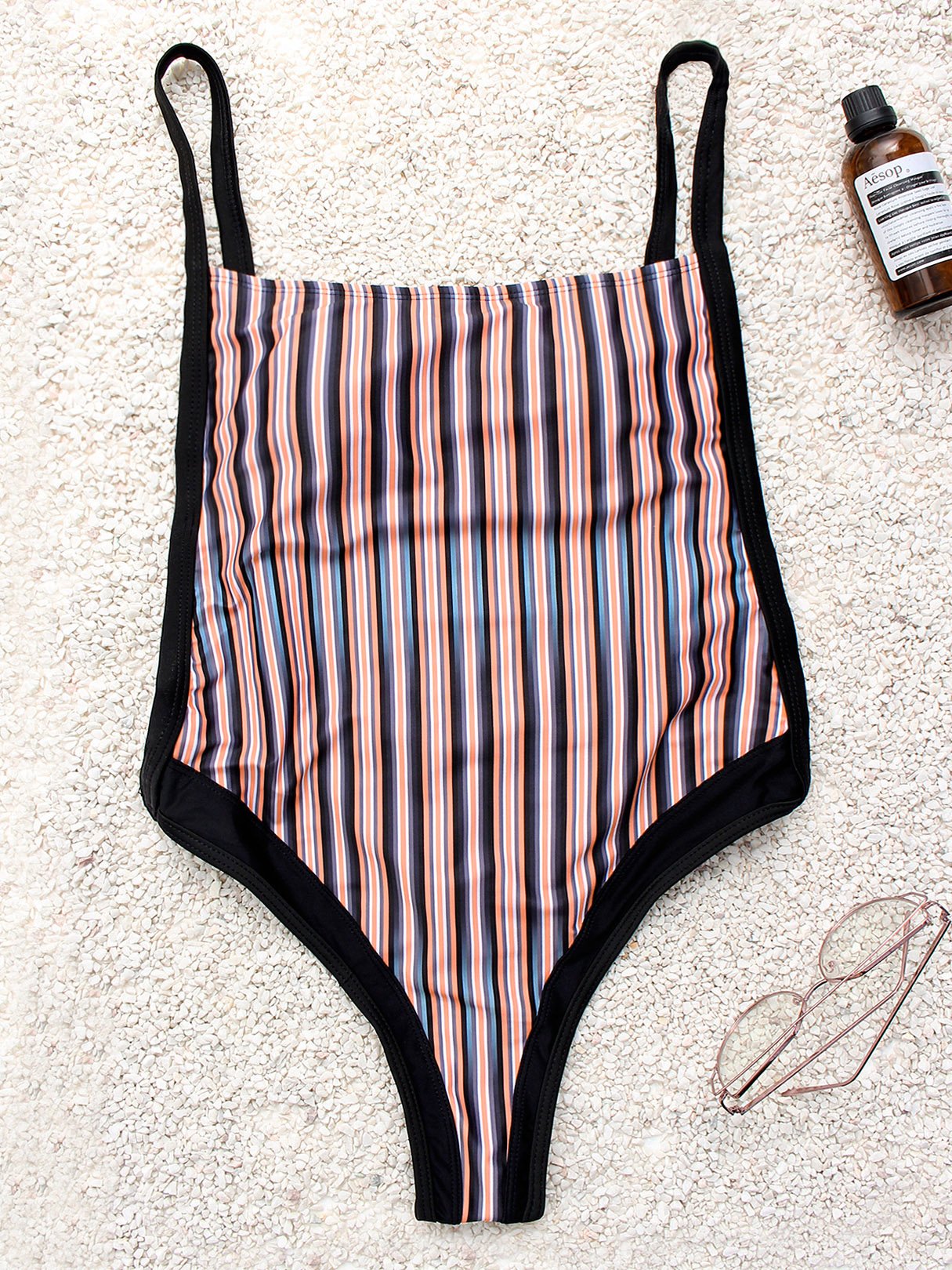 Wholesale Square Neck Stripe Backless Sleeveless One-Pieces