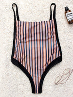 Wholesale Square Neck Stripe Backless Sleeveless One-Pieces
