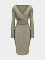 Wholesale Khaki V-Neck Crossed Collar Long Sleeve Crossed Front Cut Out Bodycon Midi Dress