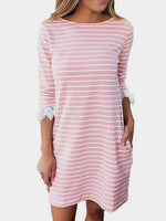 Wholesale Pink Round Neck 3/4 Length Sleeve Stripe Lace Mini Dress